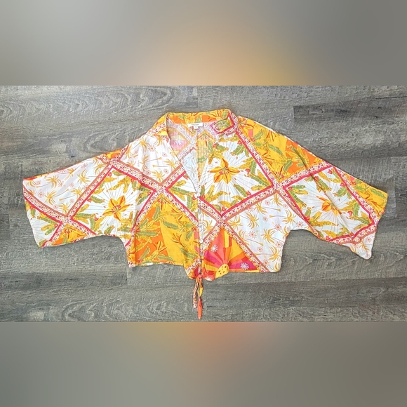 Haute Hippie Cropped Tie Waist Blouse Womens S Vibrant Multi Tropical Pineapples - Picture 6 of 11